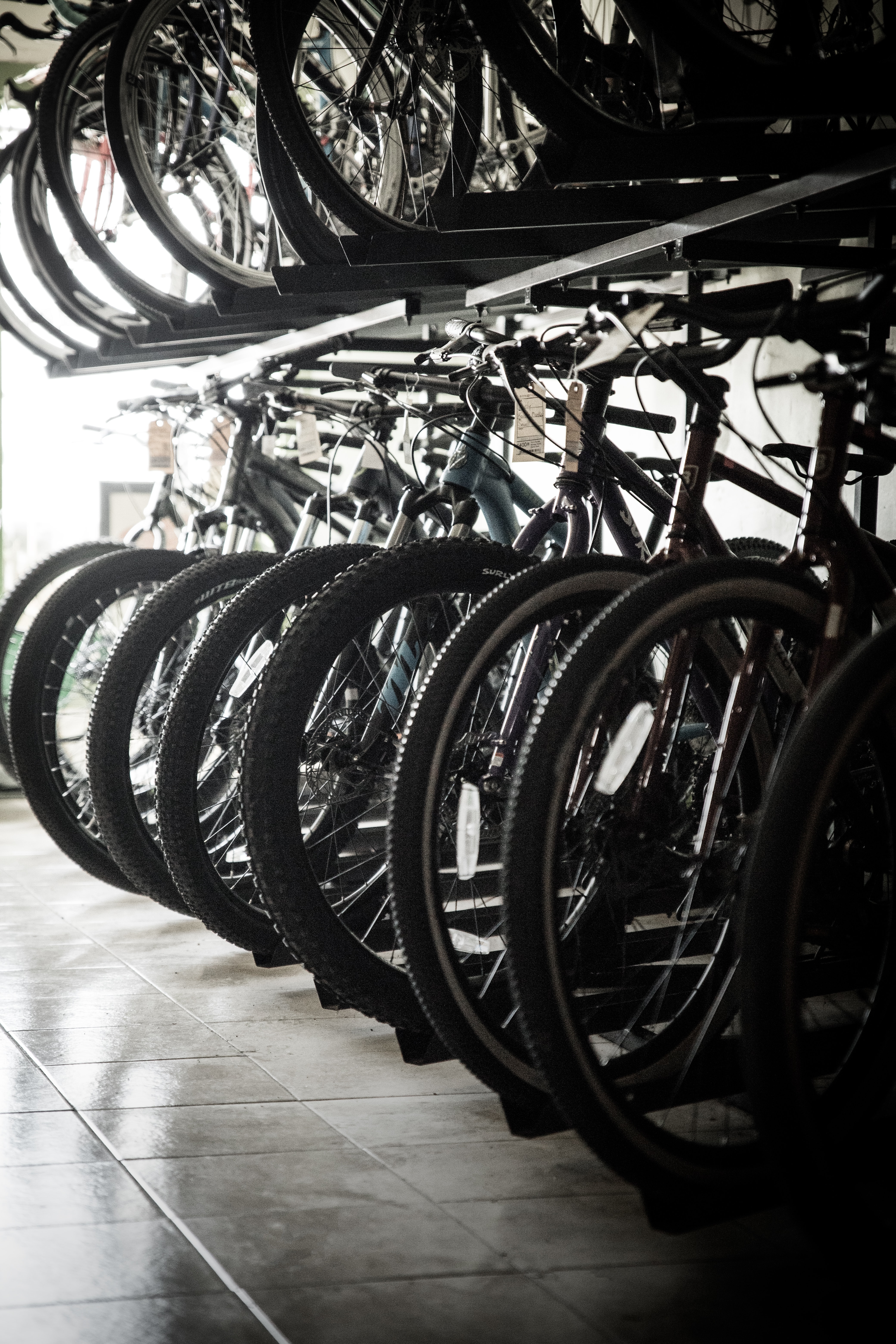 Bikes on rack in bike shop