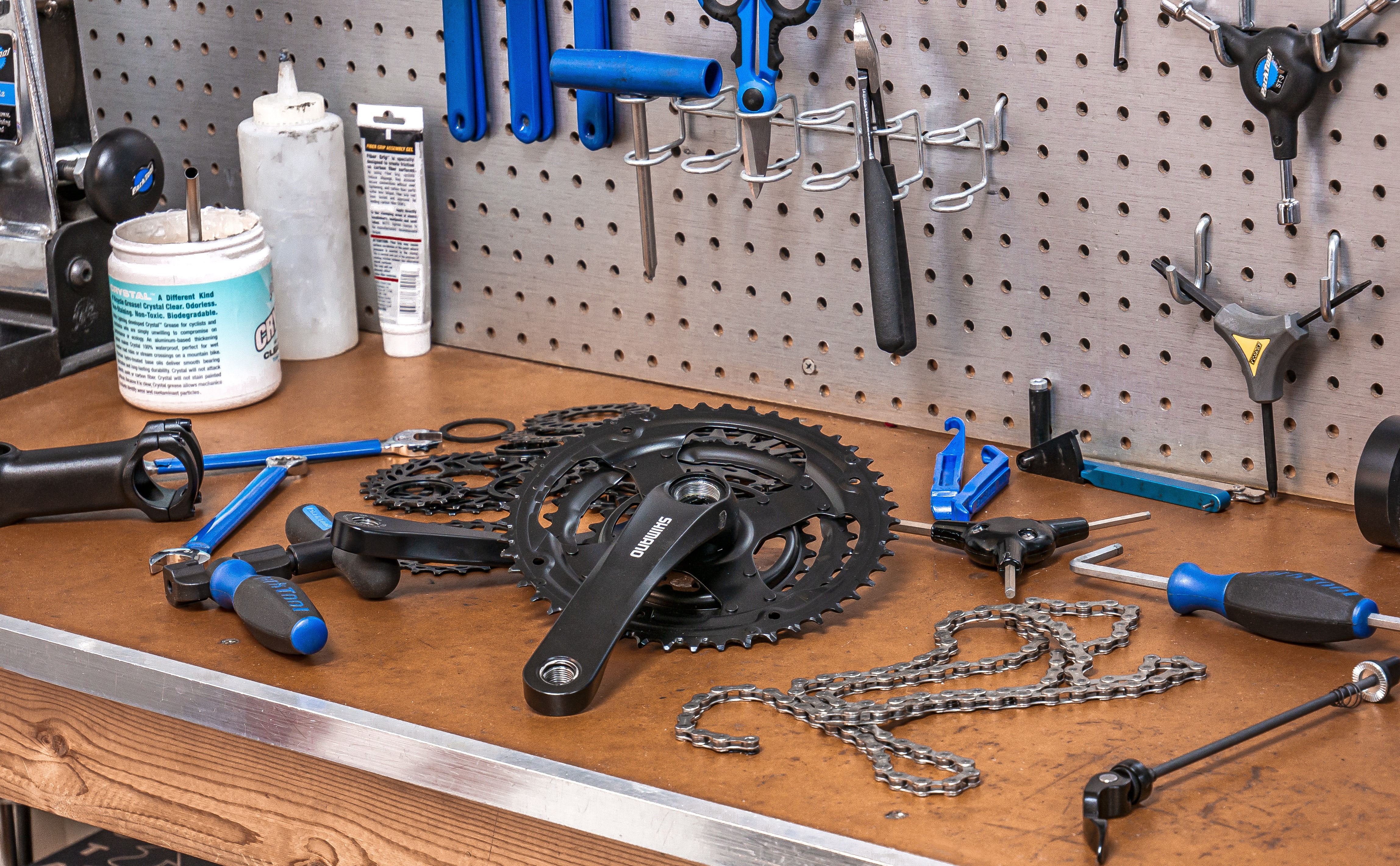 Bike parts on workbench